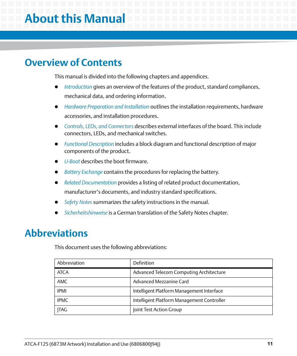 About this manual, Overview of contents, Abbreviations | Artesyn ATCA-F125 Installation and Use Guide (April 2014) User Manual | Page 11 / 138