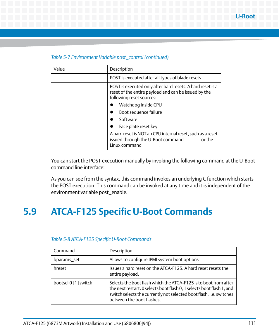 9 atca-f125 specific u-boot commands, Table 5-8, Atca-f125 specific u-boot commands | U-boot | Artesyn ATCA-F125 Installation and Use Guide (April 2014) User Manual | Page 111 / 138