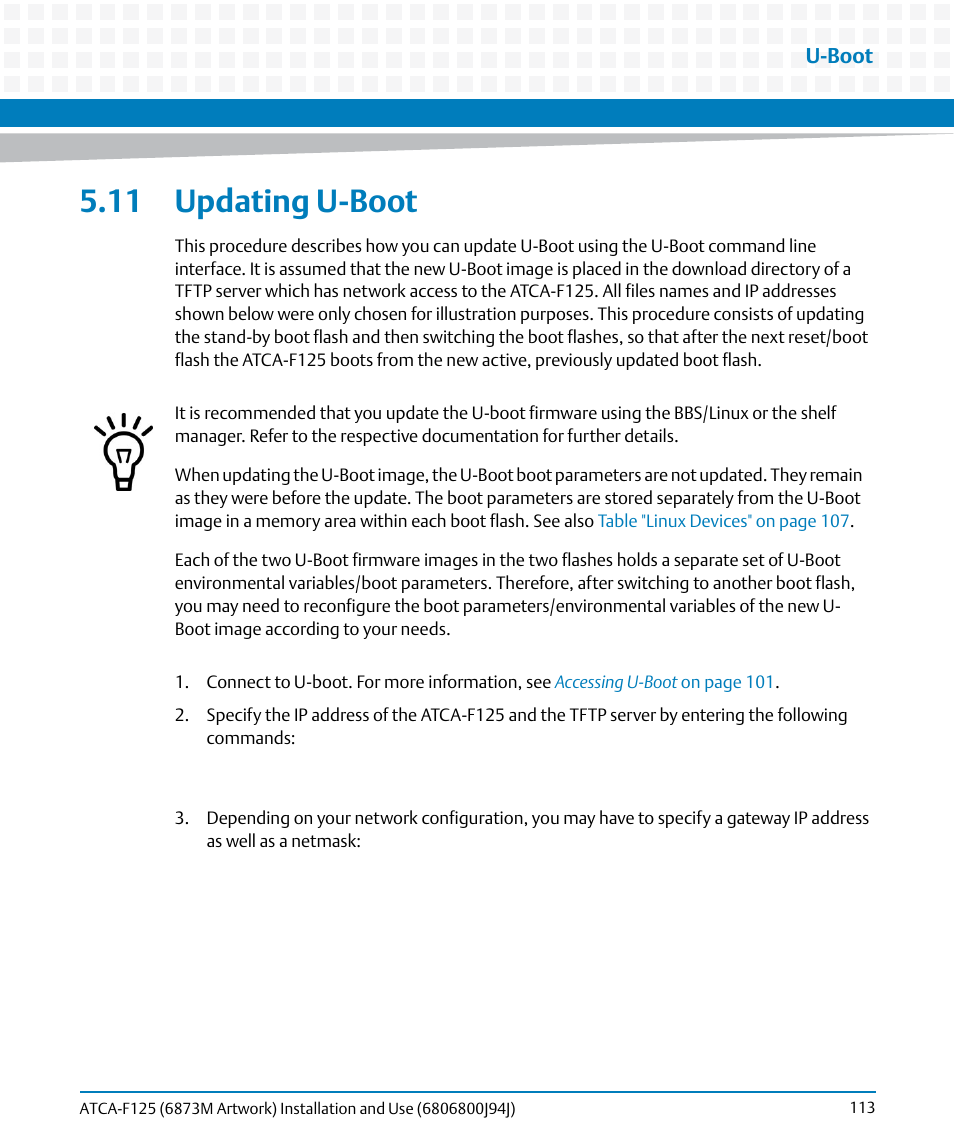 11 updating u-boot | Artesyn ATCA-F125 Installation and Use Guide (April 2014) User Manual | Page 113 / 138