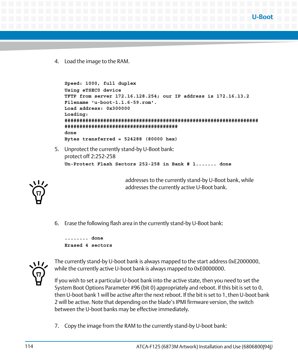 U-boot | Artesyn ATCA-F125 Installation and Use Guide (April 2014) User Manual | Page 114 / 138