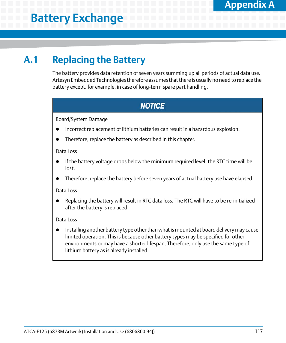 A battery exchange, A.1 replacing the battery, Battery exchange | Appendix a | Artesyn ATCA-F125 Installation and Use Guide (April 2014) User Manual | Page 117 / 138