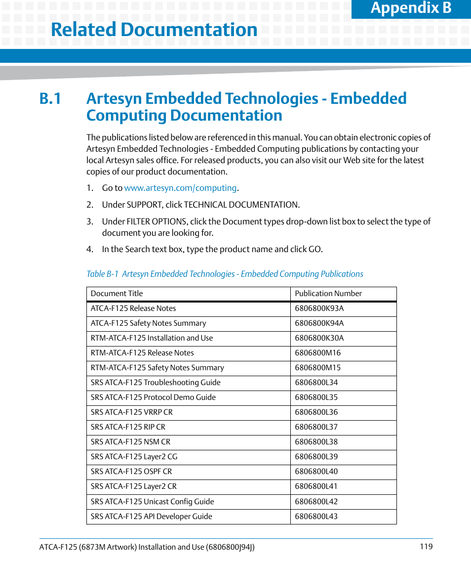 B related documentation, Related documentation, Table b-1 | Appendix b | Artesyn ATCA-F125 Installation and Use Guide (April 2014) User Manual | Page 119 / 138