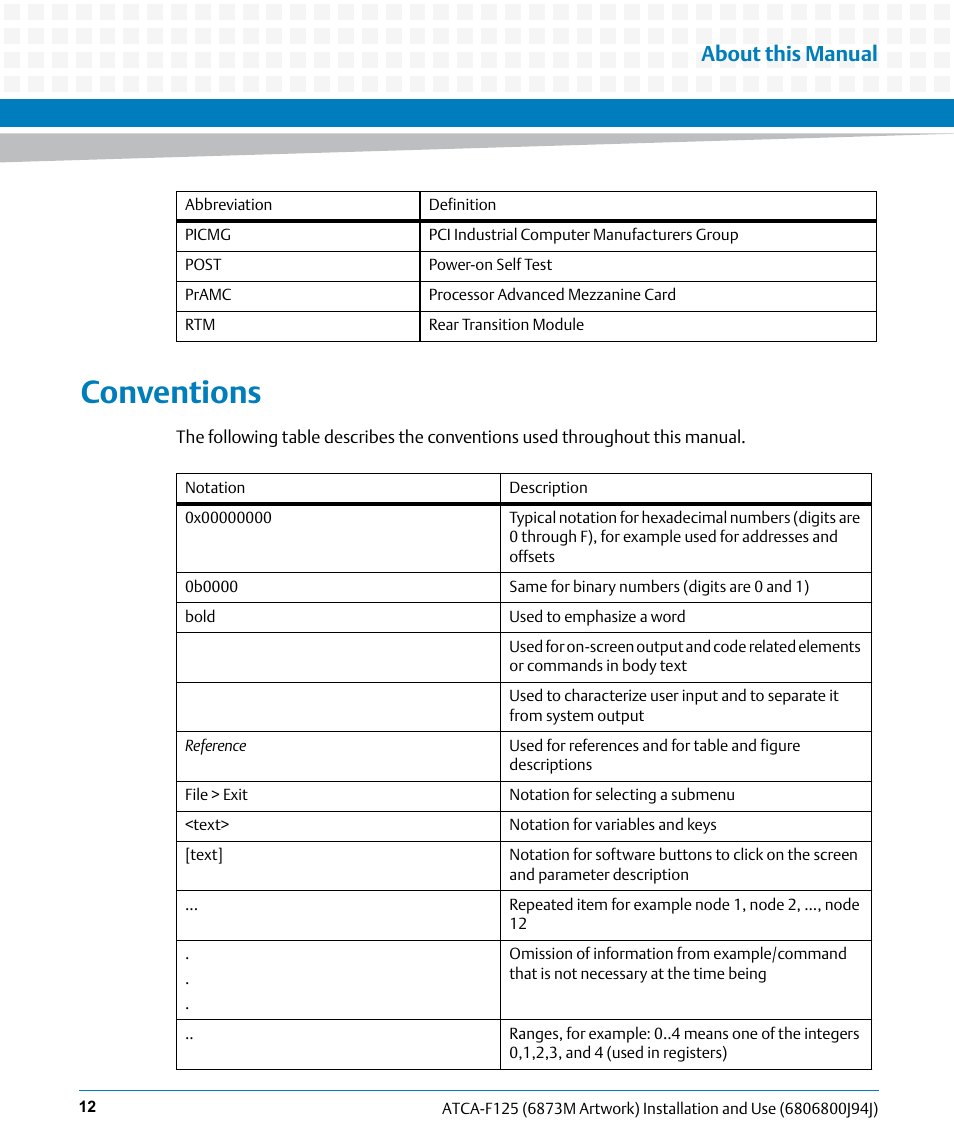 Conventions, About this manual | Artesyn ATCA-F125 Installation and Use Guide (April 2014) User Manual | Page 12 / 138