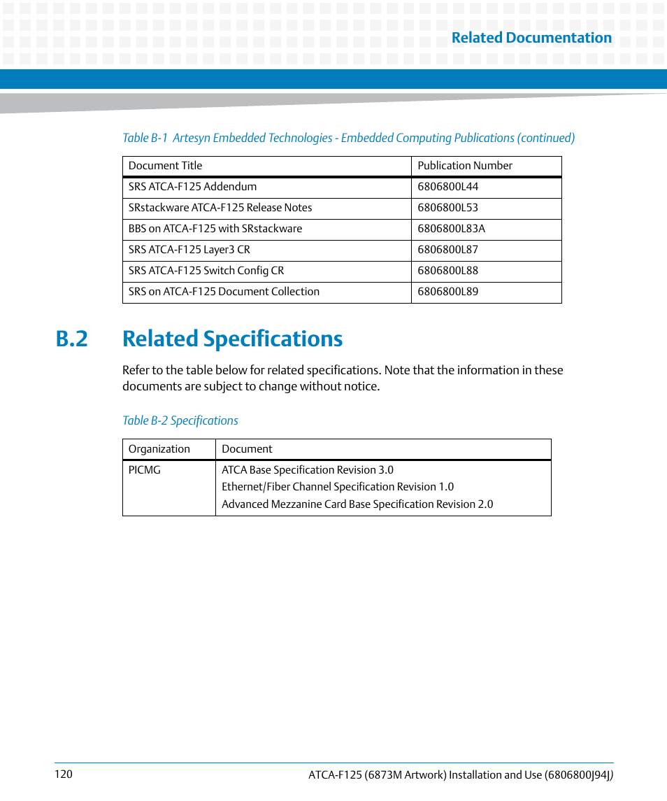 B.2 related specifications, Table b-2, Specifications | Related documentation | Artesyn ATCA-F125 Installation and Use Guide (April 2014) User Manual | Page 120 / 138