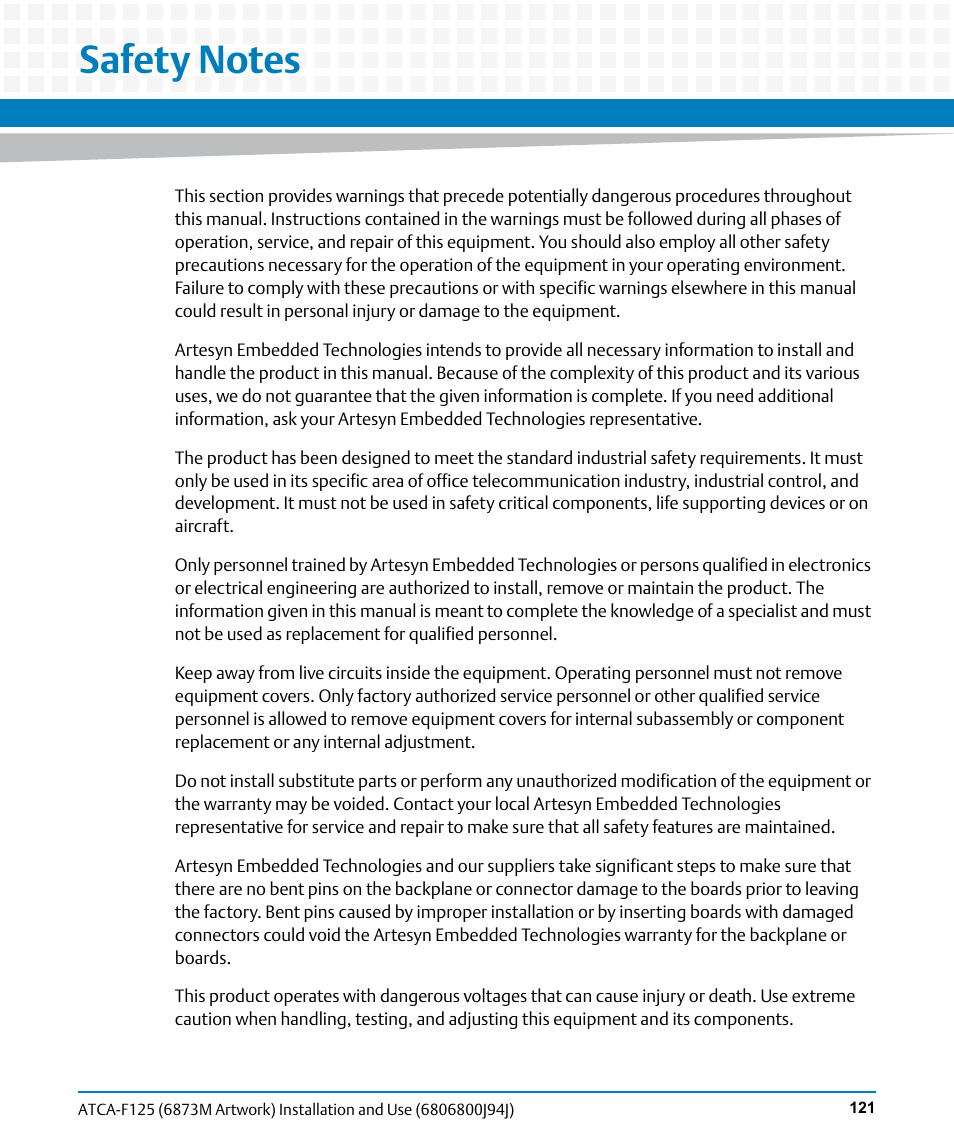Safety notes | Artesyn ATCA-F125 Installation and Use Guide (April 2014) User Manual | Page 121 / 138