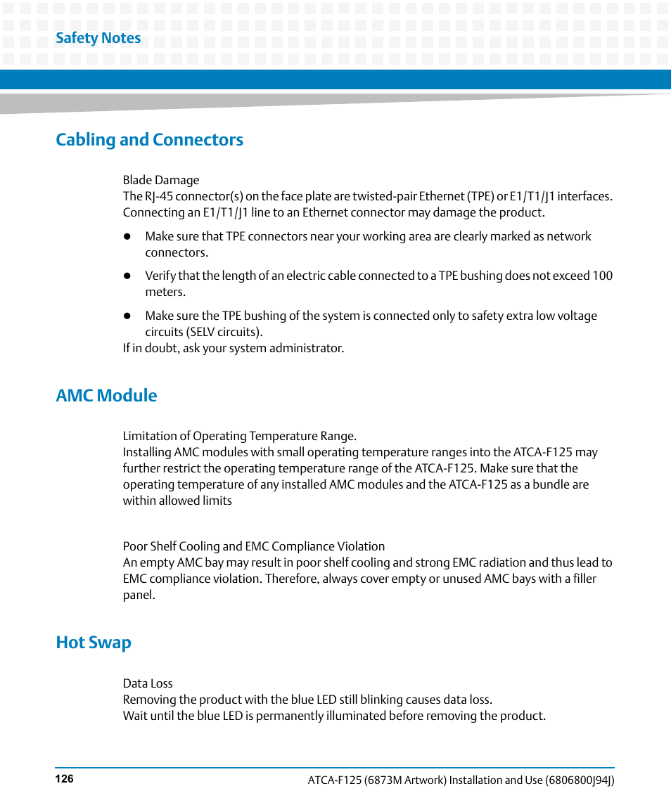 Cabling and connectors, Amc module, Hot swap | Artesyn ATCA-F125 Installation and Use Guide (April 2014) User Manual | Page 126 / 138