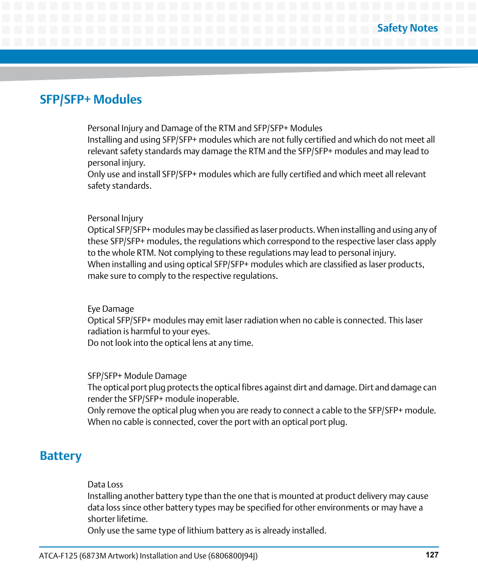 Sfp/sfp+ modules, Battery | Artesyn ATCA-F125 Installation and Use Guide (April 2014) User Manual | Page 127 / 138