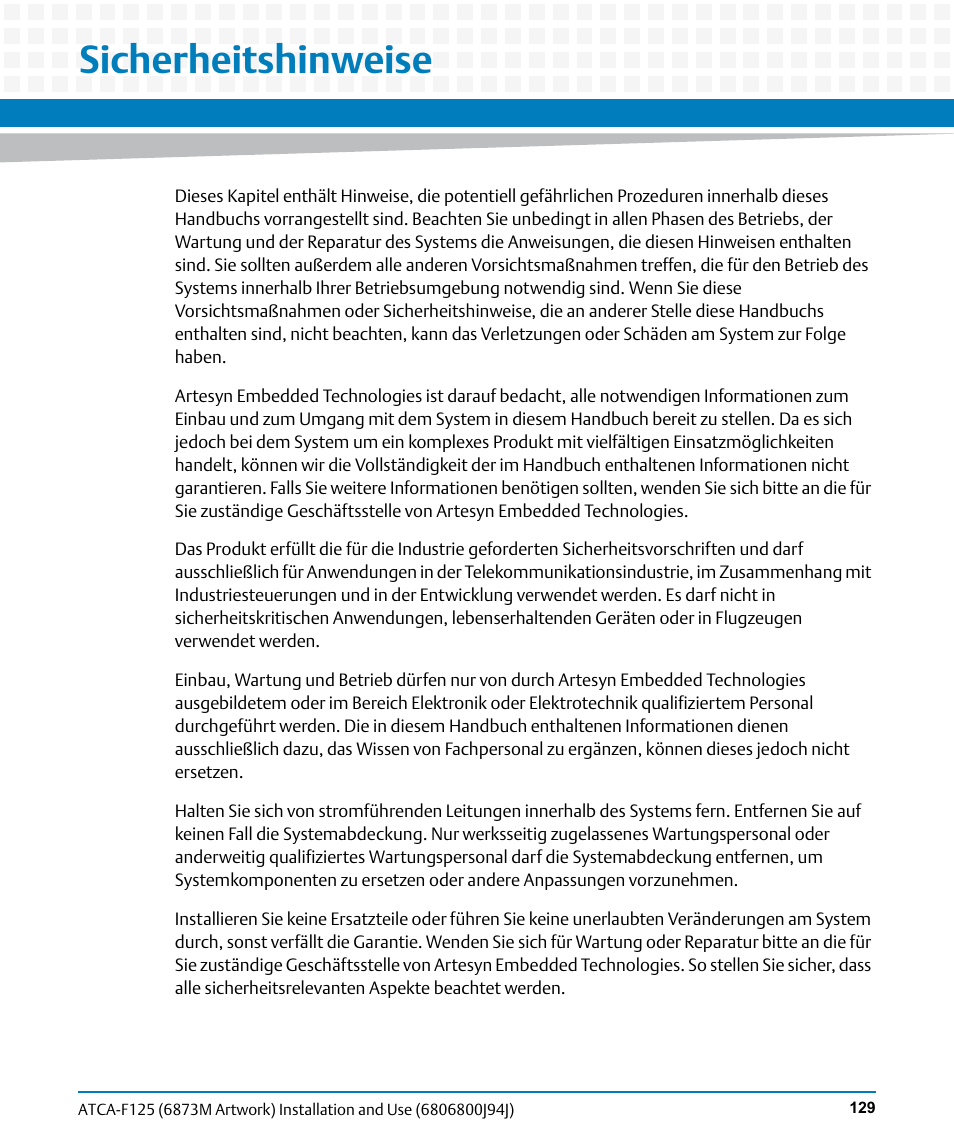 Sicherheitshinweise | Artesyn ATCA-F125 Installation and Use Guide (April 2014) User Manual | Page 129 / 138