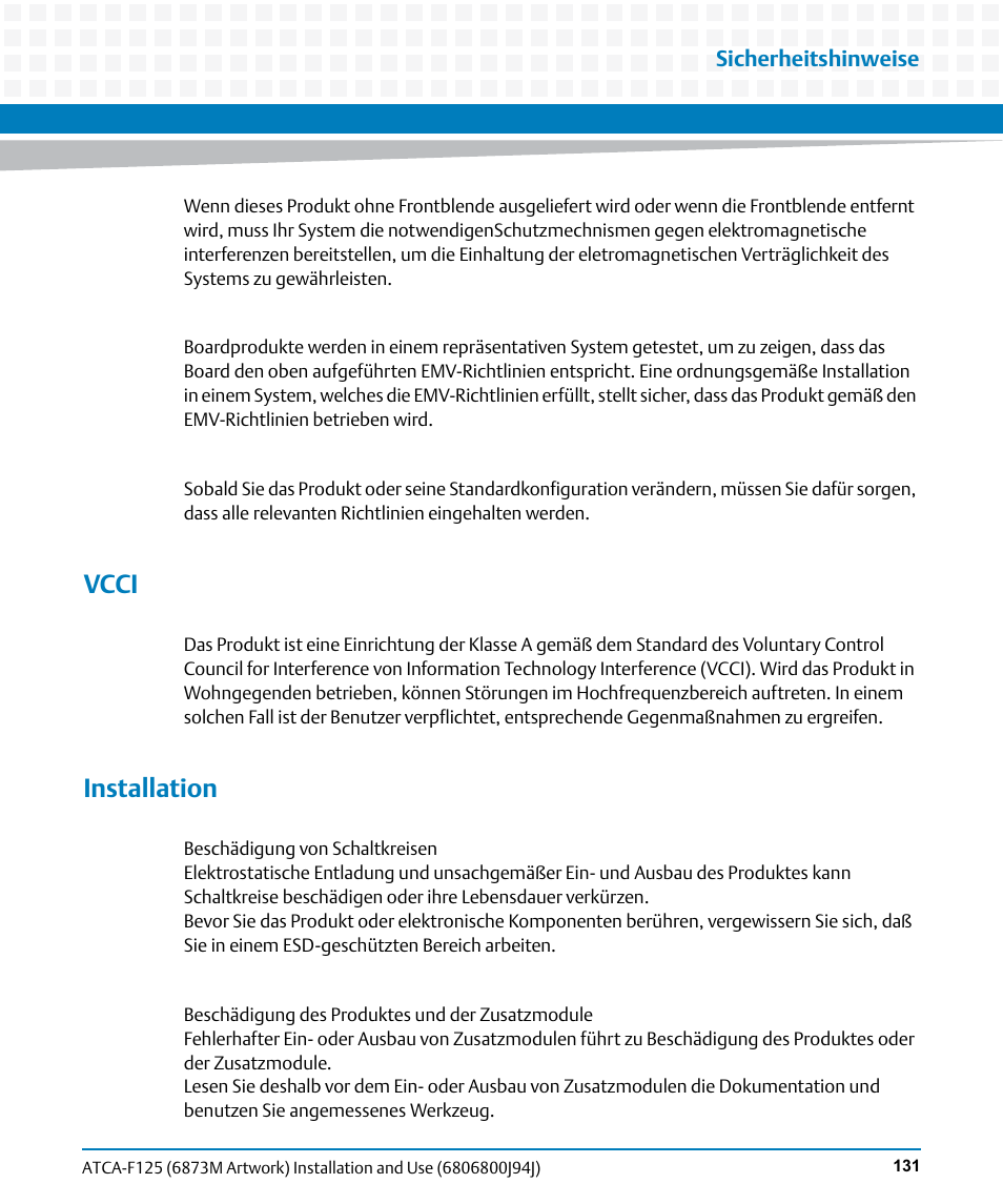 Vcci, Installation | Artesyn ATCA-F125 Installation and Use Guide (April 2014) User Manual | Page 131 / 138