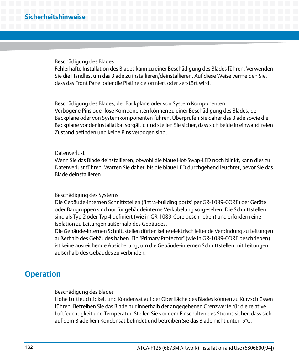 Operation, Sicherheitshinweise | Artesyn ATCA-F125 Installation and Use Guide (April 2014) User Manual | Page 132 / 138