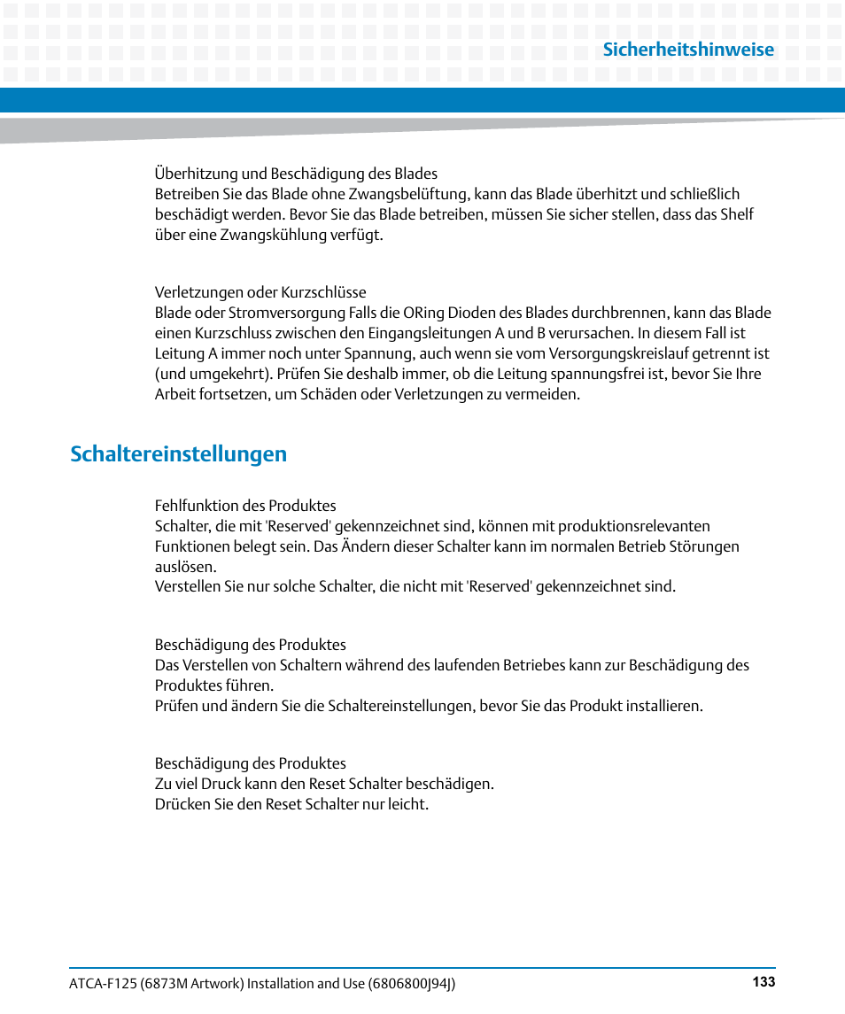 Schaltereinstellungen, Sicherheitshinweise | Artesyn ATCA-F125 Installation and Use Guide (April 2014) User Manual | Page 133 / 138