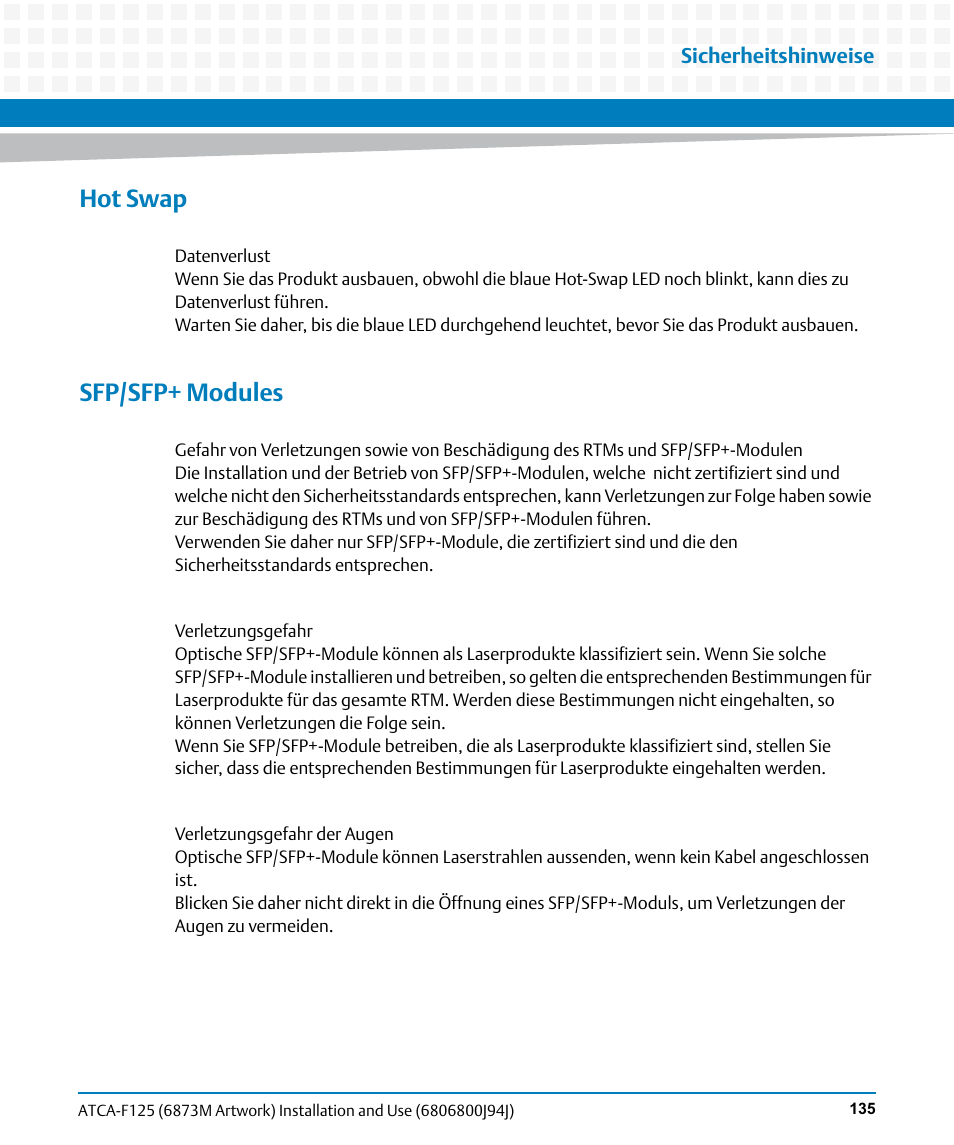 Hot swap, Sfp/sfp+ modules | Artesyn ATCA-F125 Installation and Use Guide (April 2014) User Manual | Page 135 / 138