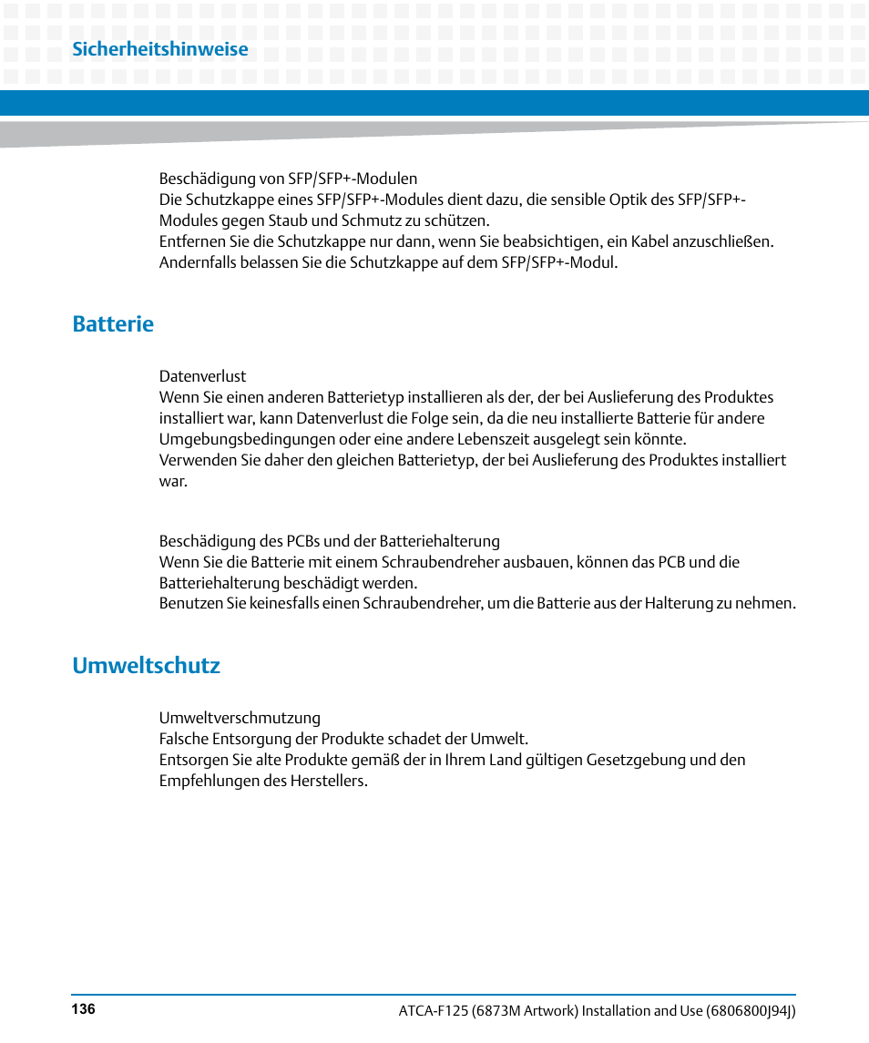 Batterie, Umweltschutz | Artesyn ATCA-F125 Installation and Use Guide (April 2014) User Manual | Page 136 / 138