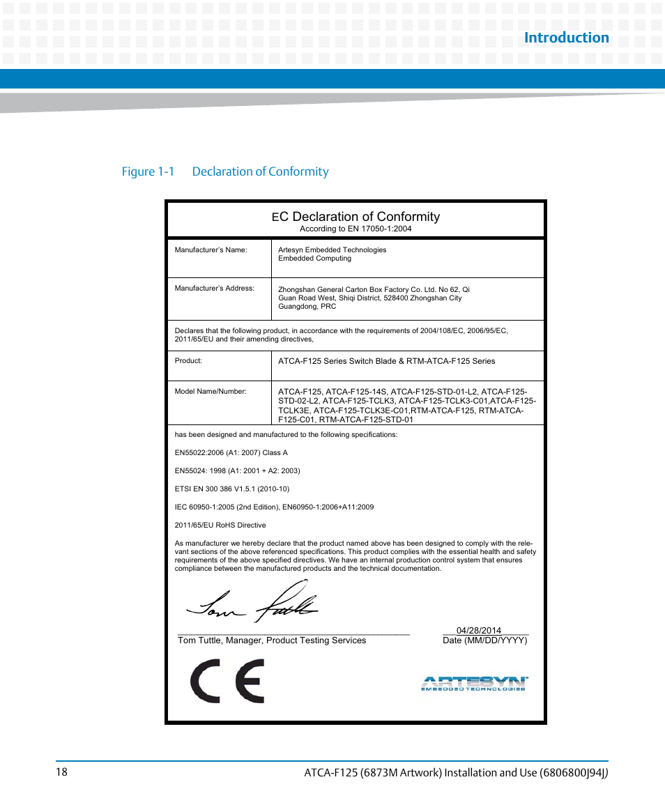 Figure 1-1, Declaration of conformity, Introduction | C declaration of conformity, Figure 1-1 declaration of conformity | Artesyn ATCA-F125 Installation and Use Guide (April 2014) User Manual | Page 18 / 138