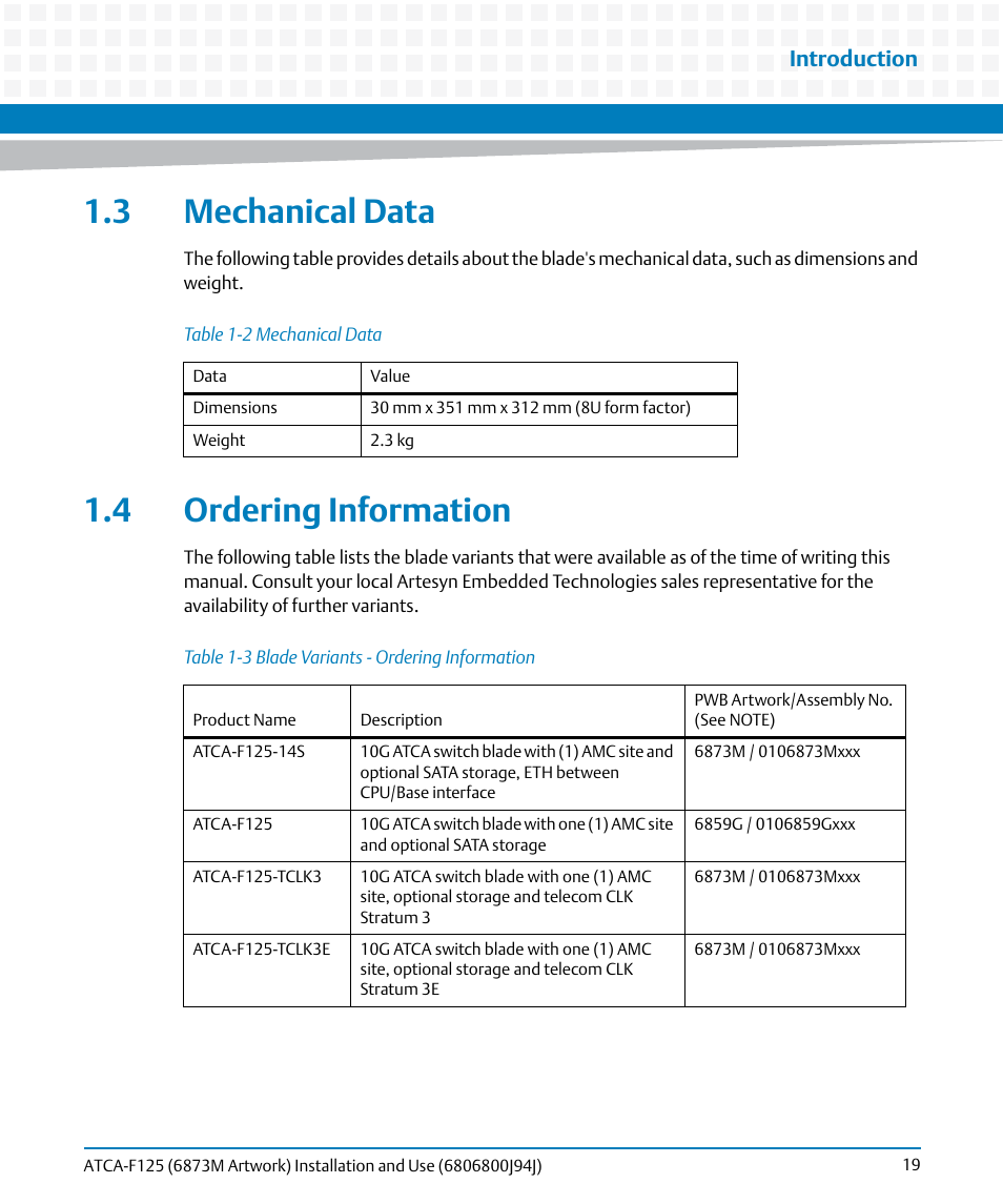 3 mechanical data, 4 ordering information, 3 mechanical data 1.4 ordering information | Table 1-2, Mechanical data, Table 1-3, Blade variants - ordering information, Introduction | Artesyn ATCA-F125 Installation and Use Guide (April 2014) User Manual | Page 19 / 138