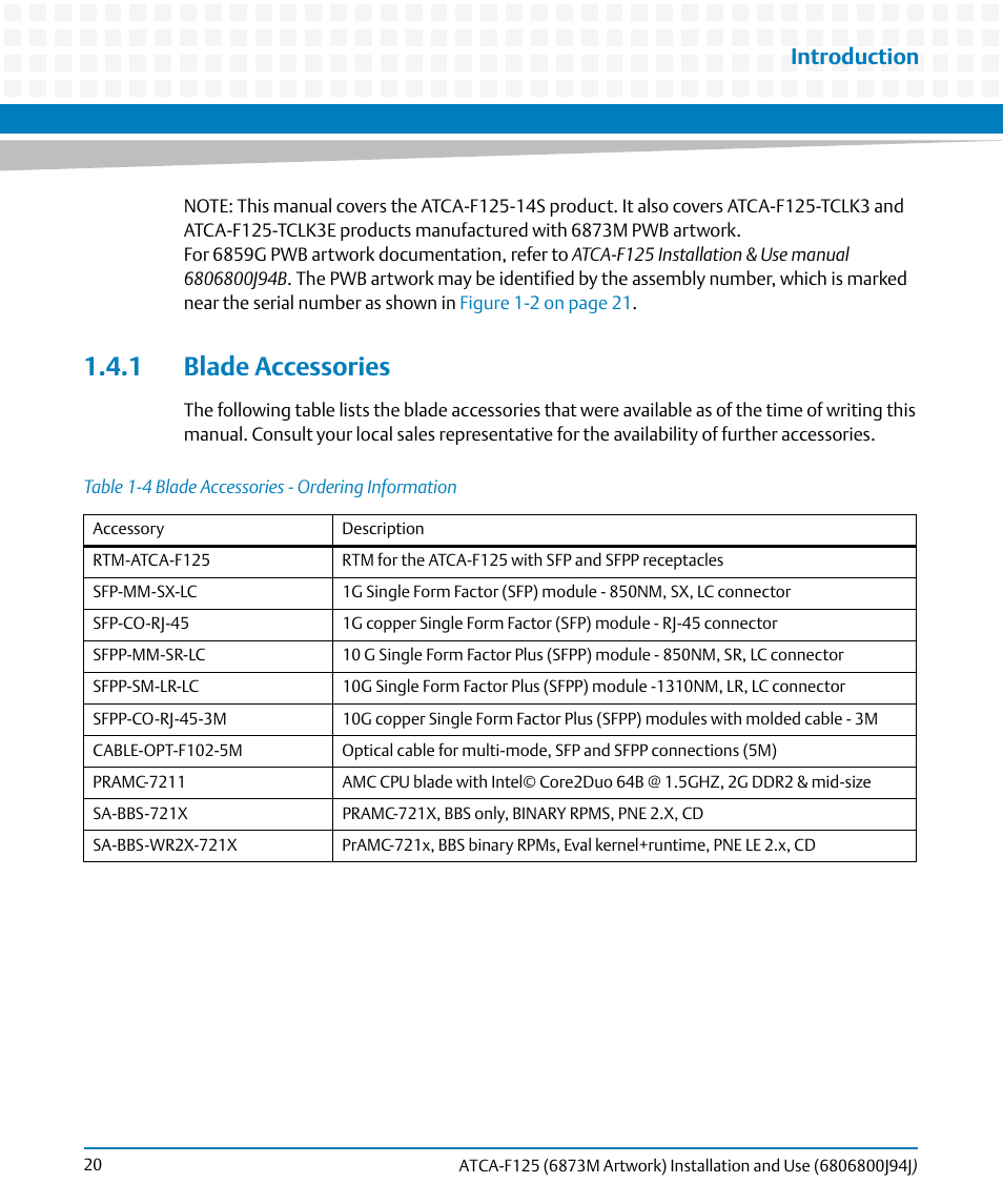 1 blade accessories, Table 1-4, Blade accessories - ordering information | Introduction | Artesyn ATCA-F125 Installation and Use Guide (April 2014) User Manual | Page 20 / 138