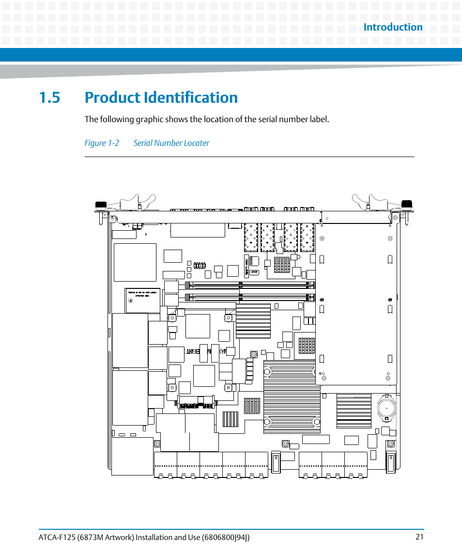 5 product identification, Figure 1-2, Serial number locater | Artesyn ATCA-F125 Installation and Use Guide (April 2014) User Manual | Page 21 / 138