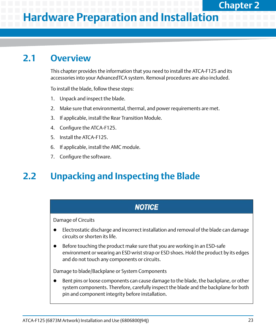 Hardware preparation and installation, 1 overview, 2 unpacking and inspecting the blade | 1 overview 2.2 unpacking and inspecting the blade, Chapter 2 | Artesyn ATCA-F125 Installation and Use Guide (April 2014) User Manual | Page 23 / 138