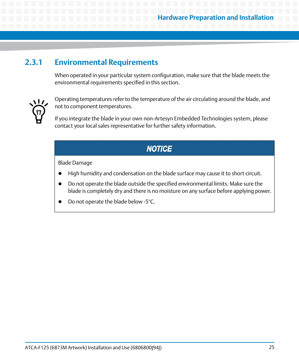 1 environmental requirements, Hardware preparation and installation | Artesyn ATCA-F125 Installation and Use Guide (April 2014) User Manual | Page 25 / 138
