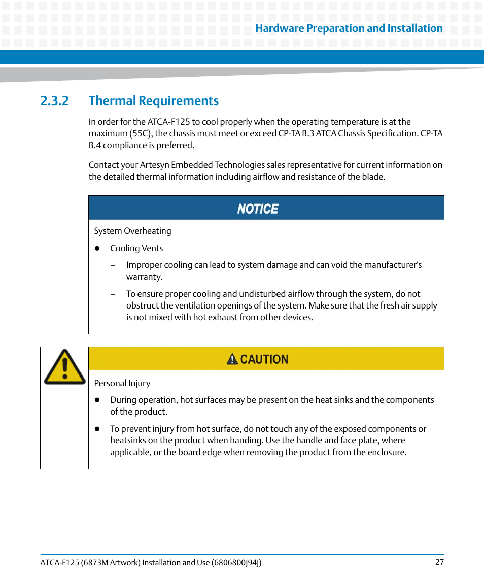 2 thermal requirements, Hardware preparation and installation | Artesyn ATCA-F125 Installation and Use Guide (April 2014) User Manual | Page 27 / 138