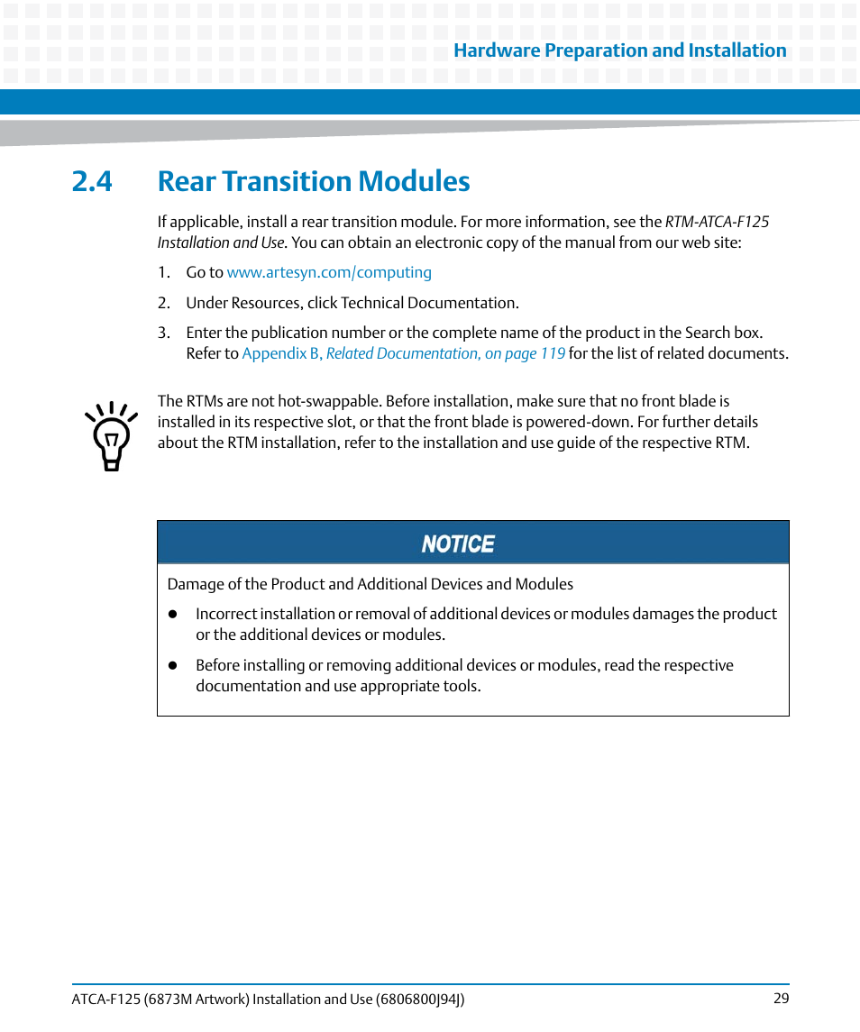 4 rear transition modules | Artesyn ATCA-F125 Installation and Use Guide (April 2014) User Manual | Page 29 / 138