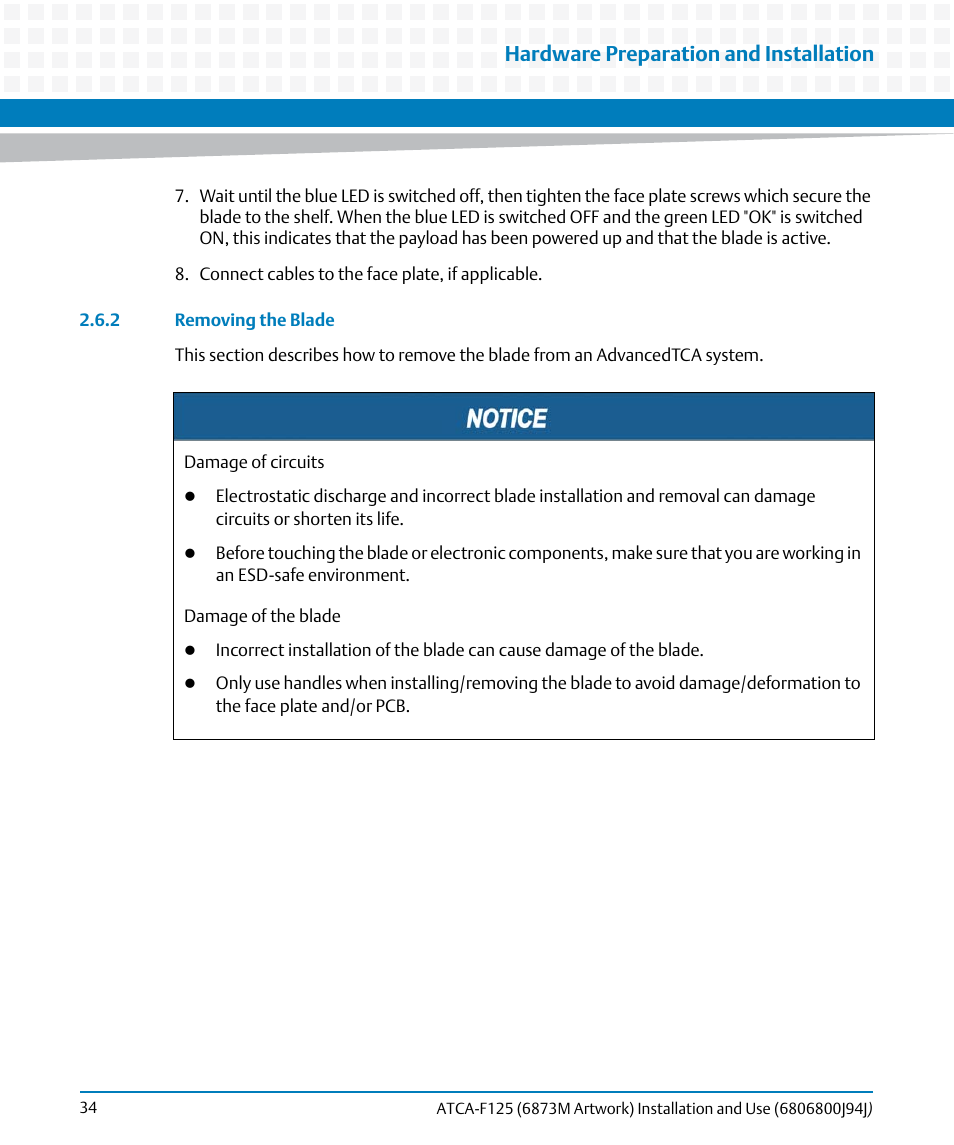 2 removing the blade, Hardware preparation and installation | Artesyn ATCA-F125 Installation and Use Guide (April 2014) User Manual | Page 34 / 138
