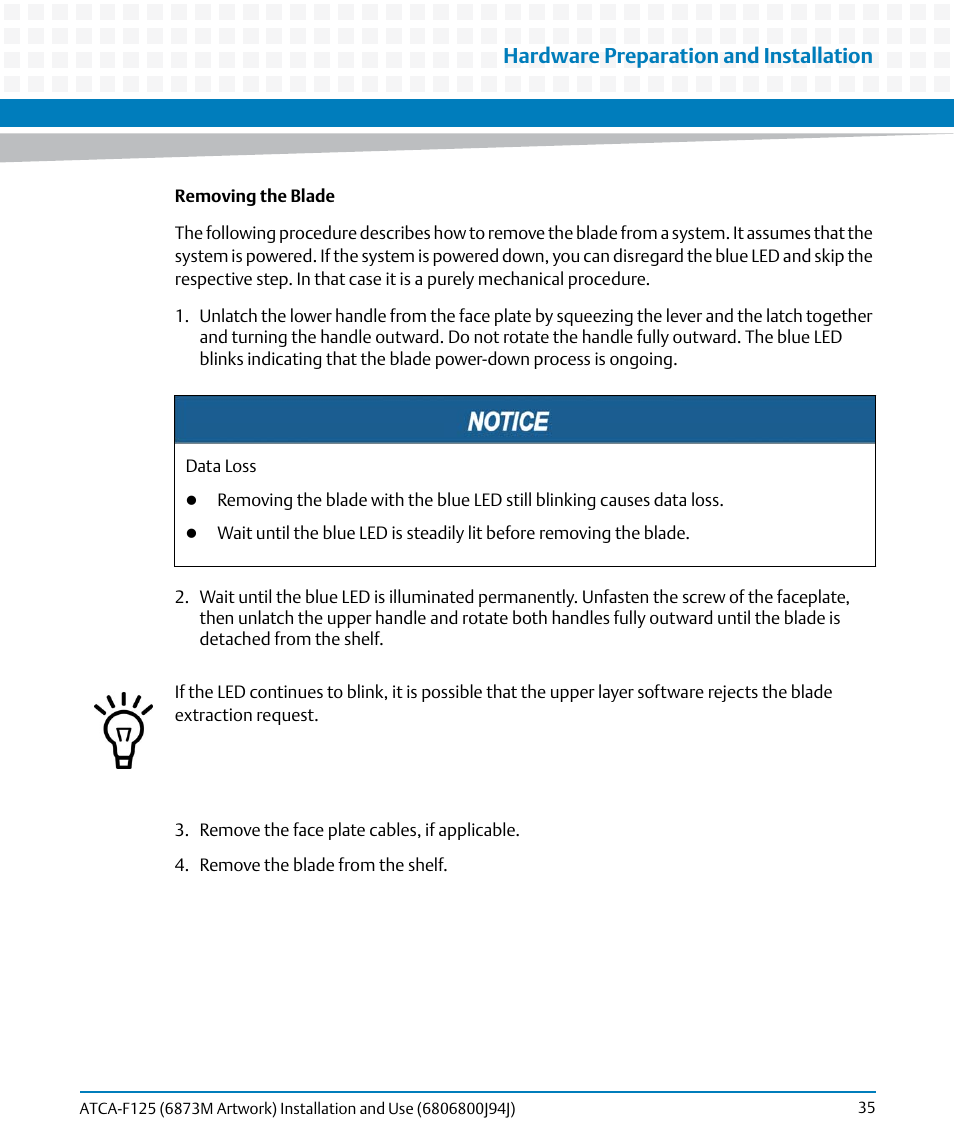 Hardware preparation and installation | Artesyn ATCA-F125 Installation and Use Guide (April 2014) User Manual | Page 35 / 138