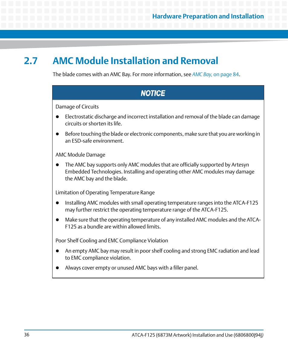 7 amc module installation and removal, Hardware preparation and installation | Artesyn ATCA-F125 Installation and Use Guide (April 2014) User Manual | Page 36 / 138