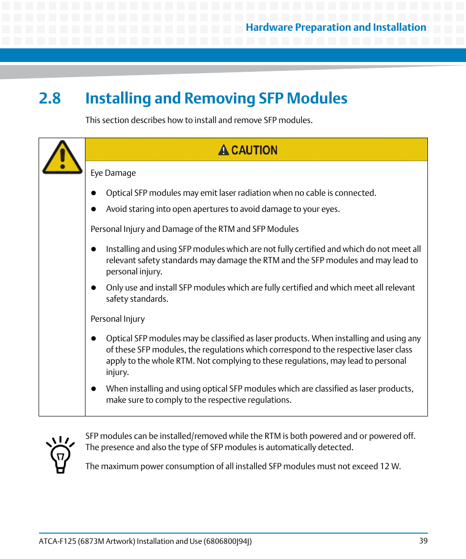 8 installing and removing sfp modules | Artesyn ATCA-F125 Installation and Use Guide (April 2014) User Manual | Page 39 / 138