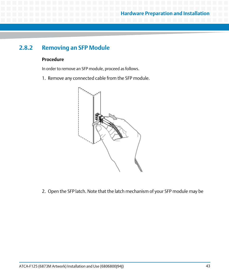 2 removing an sfp module | Artesyn ATCA-F125 Installation and Use Guide (April 2014) User Manual | Page 43 / 138