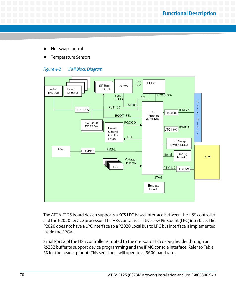Figure 4-2, Ipmi block diagram, Functional description | Artesyn ATCA-F125 Installation and Use Guide (April 2014) User Manual | Page 70 / 138