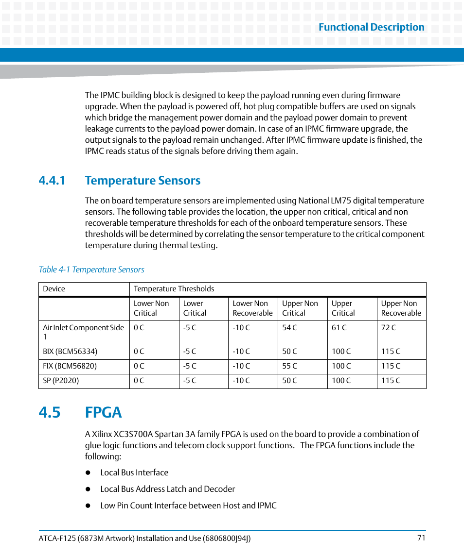 1 temperature sensors, 5 fpga, Table 4-1 | Temperature sensors, Functional description | Artesyn ATCA-F125 Installation and Use Guide (April 2014) User Manual | Page 71 / 138