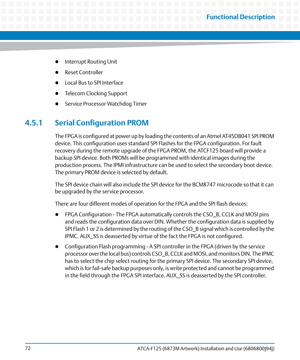 1 serial configuration prom, Functional description | Artesyn ATCA-F125 Installation and Use Guide (April 2014) User Manual | Page 72 / 138