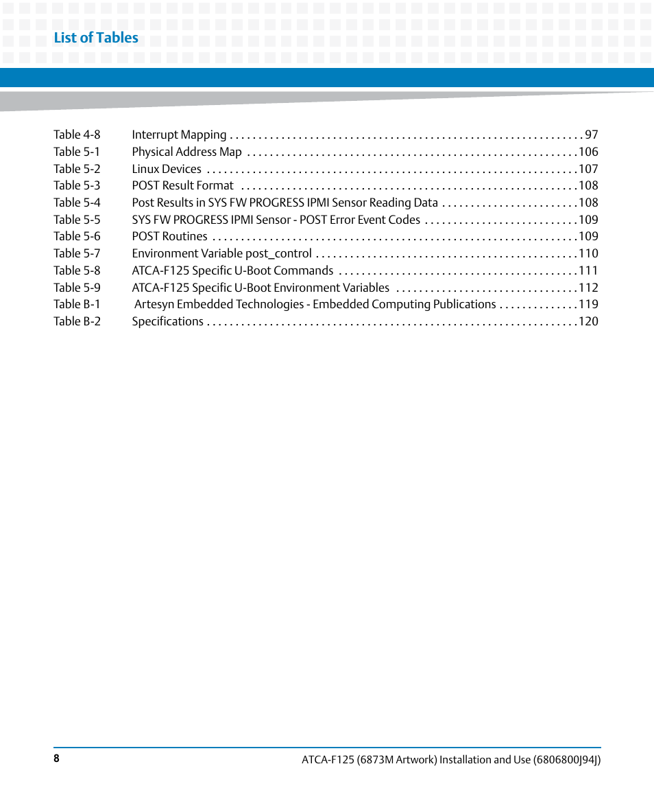 List of tables | Artesyn ATCA-F125 Installation and Use Guide (April 2014) User Manual | Page 8 / 138