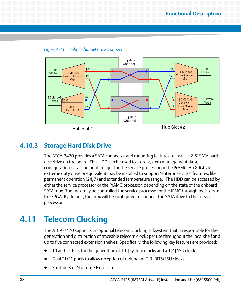 3 storage hard disk drive, 11 telecom clocking, Figure 4-11 | Fabric channel cross connect | Artesyn ATCA-F125 Installation and Use Guide (April 2014) User Manual | Page 88 / 138