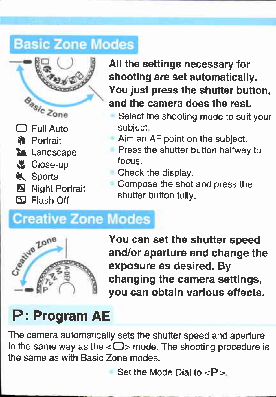 Creative zone modes, P: program ae | Canon EOS 400D User Manual | Page 12 / 16