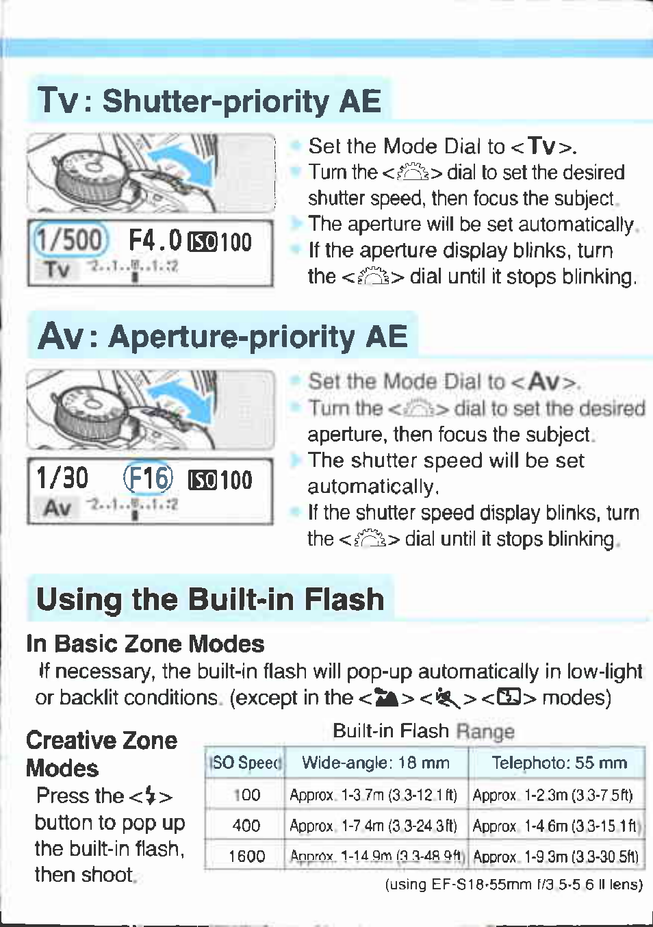 Av: aperture-priority ae, Using the built-in flash, In basic zone modes | Modes | Canon EOS 400D User Manual | Page 13 / 16