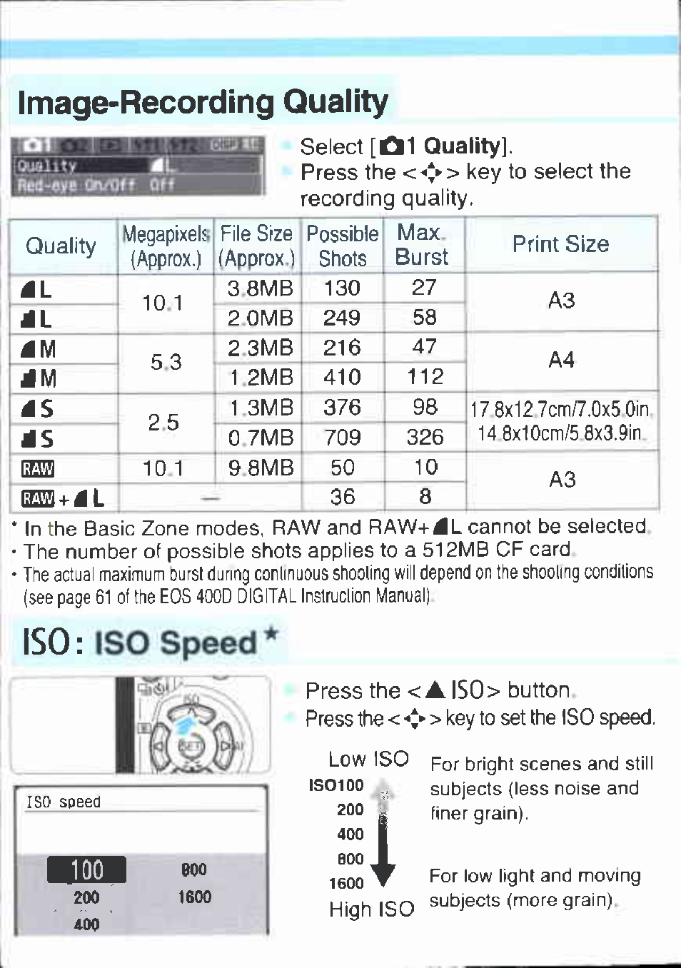 Image-recording quality, Iso: iso speed | Canon EOS 400D User Manual | Page 7 / 16