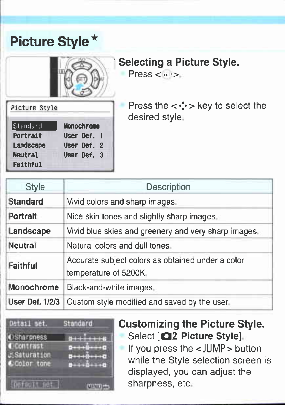 Picture style, Selecting a picture style, Customizing the picture style | Description standard, Portrait, Landscape, Neutral, Faithful, A/lonochrome, User def. 1/2/3 | Canon EOS 400D User Manual | Page 8 / 16