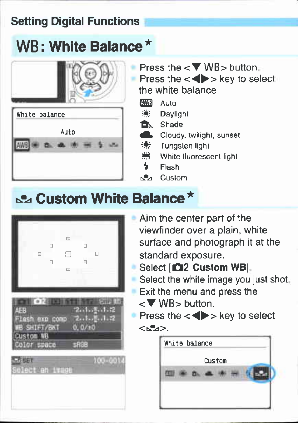 Setting digital functions, Wb: white balance, I custom white balance | White balance | Canon EOS 400D User Manual | Page 9 / 16