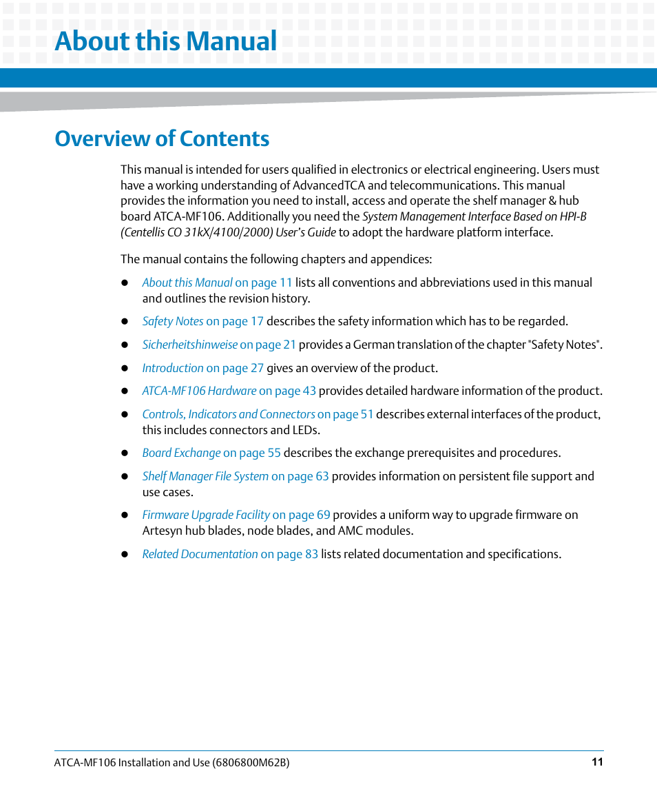 About this manual, Overview of contents | Artesyn ATCA-MF106 Installation and Use (September 2014) User Manual | Page 11 / 86