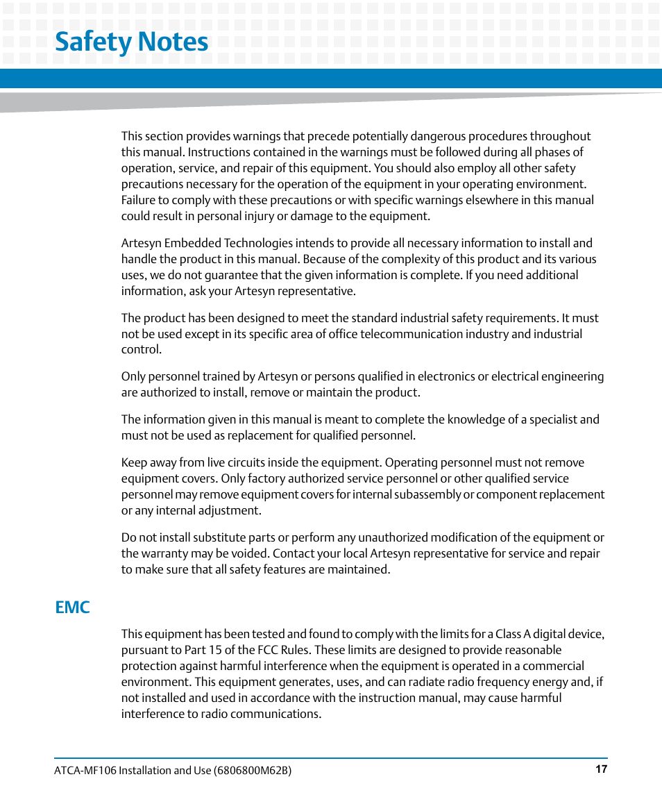 Safety notes | Artesyn ATCA-MF106 Installation and Use (September 2014) User Manual | Page 17 / 86