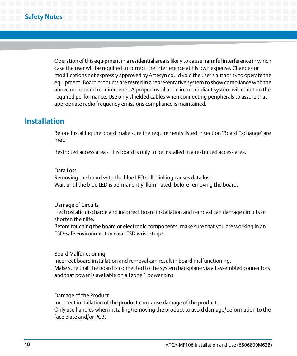 Installation | Artesyn ATCA-MF106 Installation and Use (September 2014) User Manual | Page 18 / 86