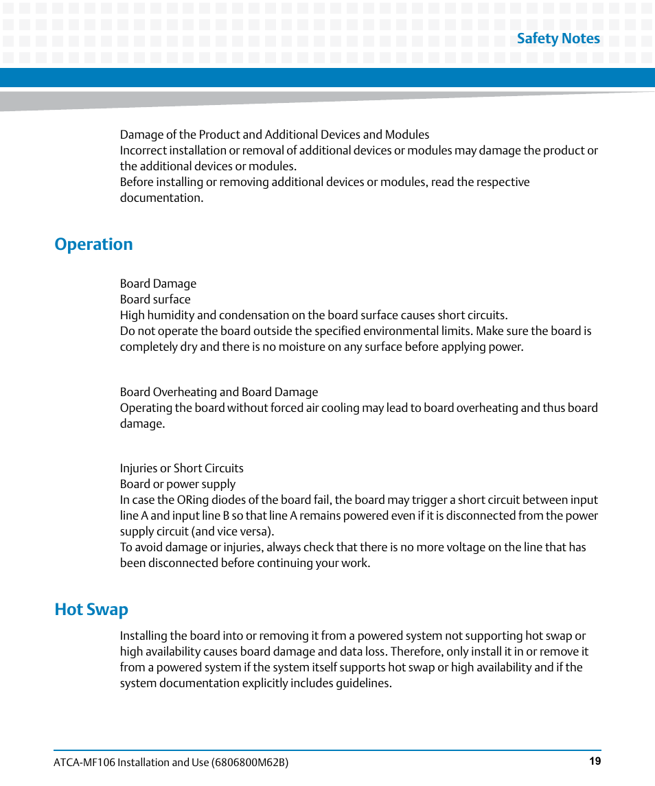 Operation, Hot swap | Artesyn ATCA-MF106 Installation and Use (September 2014) User Manual | Page 19 / 86