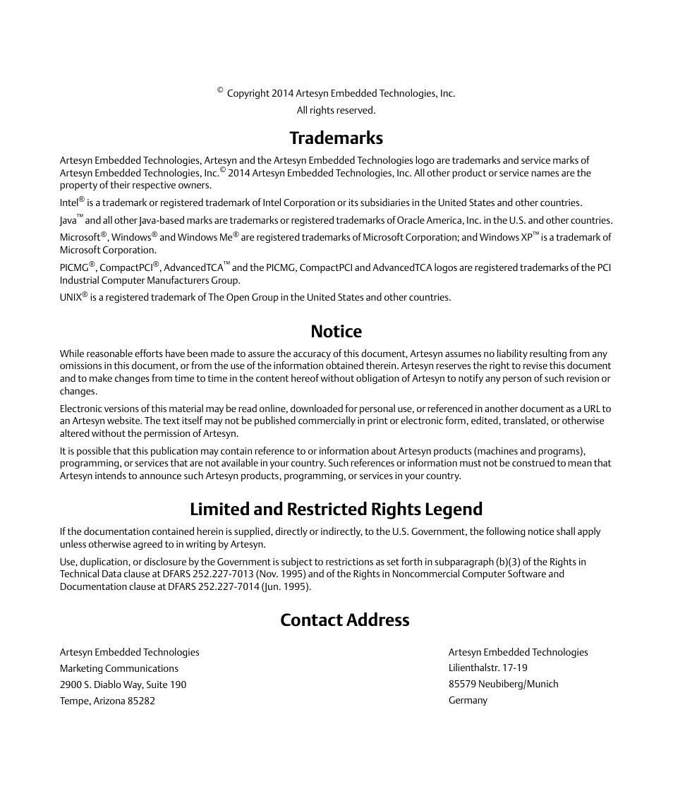 Trademarks, Notice, Limited and restricted rights legend | Contact address | Artesyn ATCA-MF106 Installation and Use (September 2014) User Manual | Page 2 / 86