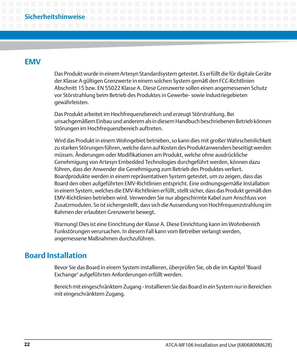 Board installation | Artesyn ATCA-MF106 Installation and Use (September 2014) User Manual | Page 22 / 86