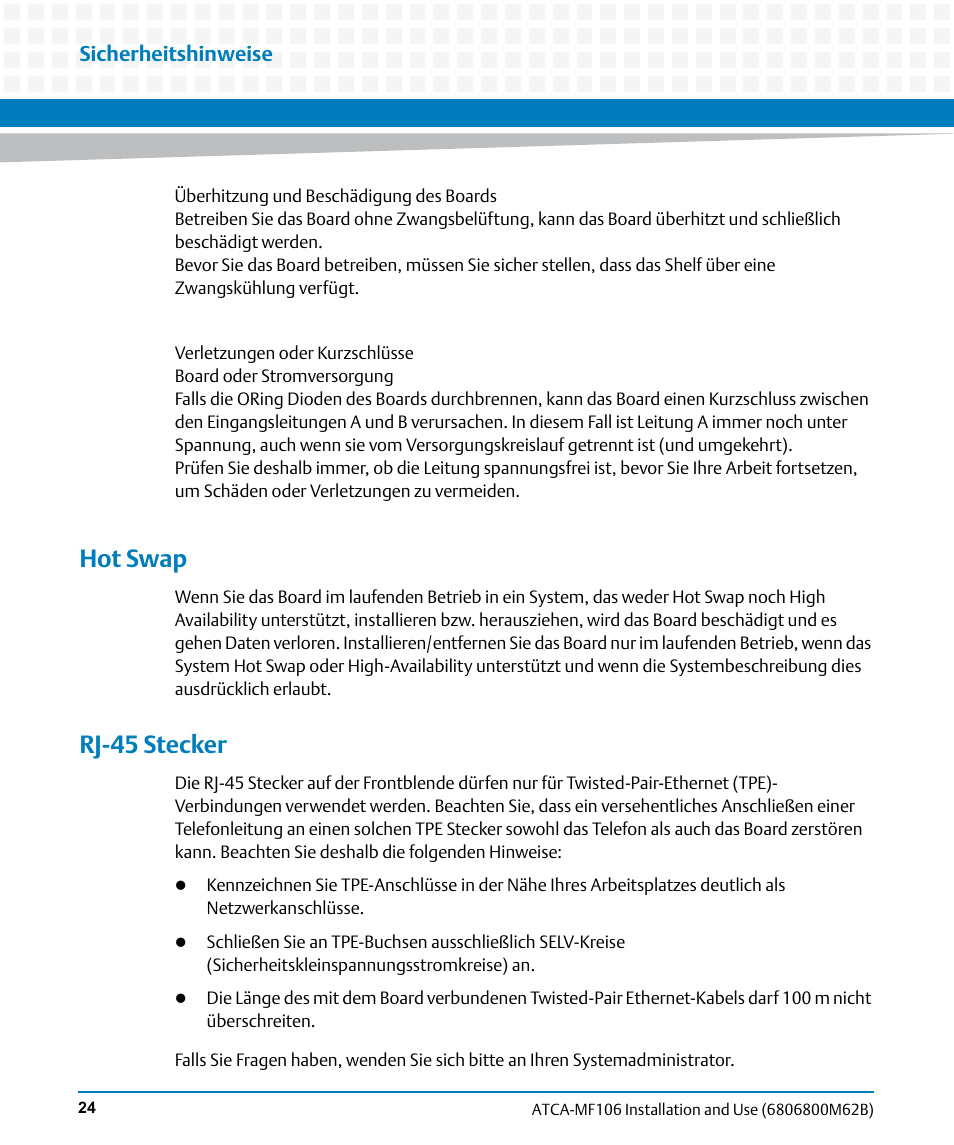 Hot swap, Rj-45 stecker, Sicherheitshinweise | Artesyn ATCA-MF106 Installation and Use (September 2014) User Manual | Page 24 / 86