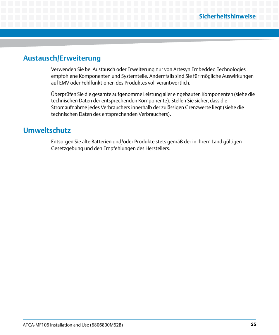 Austausch/erweiterung, Umweltschutz | Artesyn ATCA-MF106 Installation and Use (September 2014) User Manual | Page 25 / 86