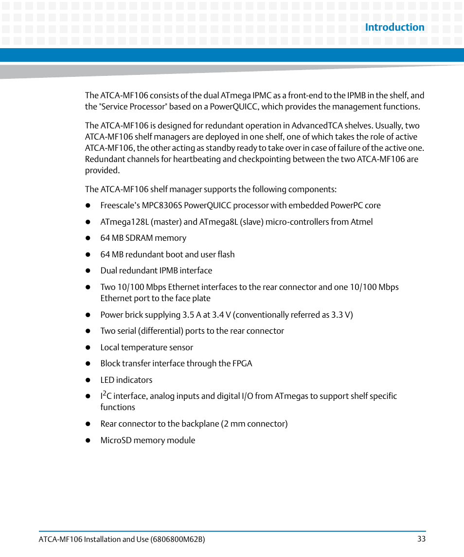 Introduction | Artesyn ATCA-MF106 Installation and Use (September 2014) User Manual | Page 33 / 86