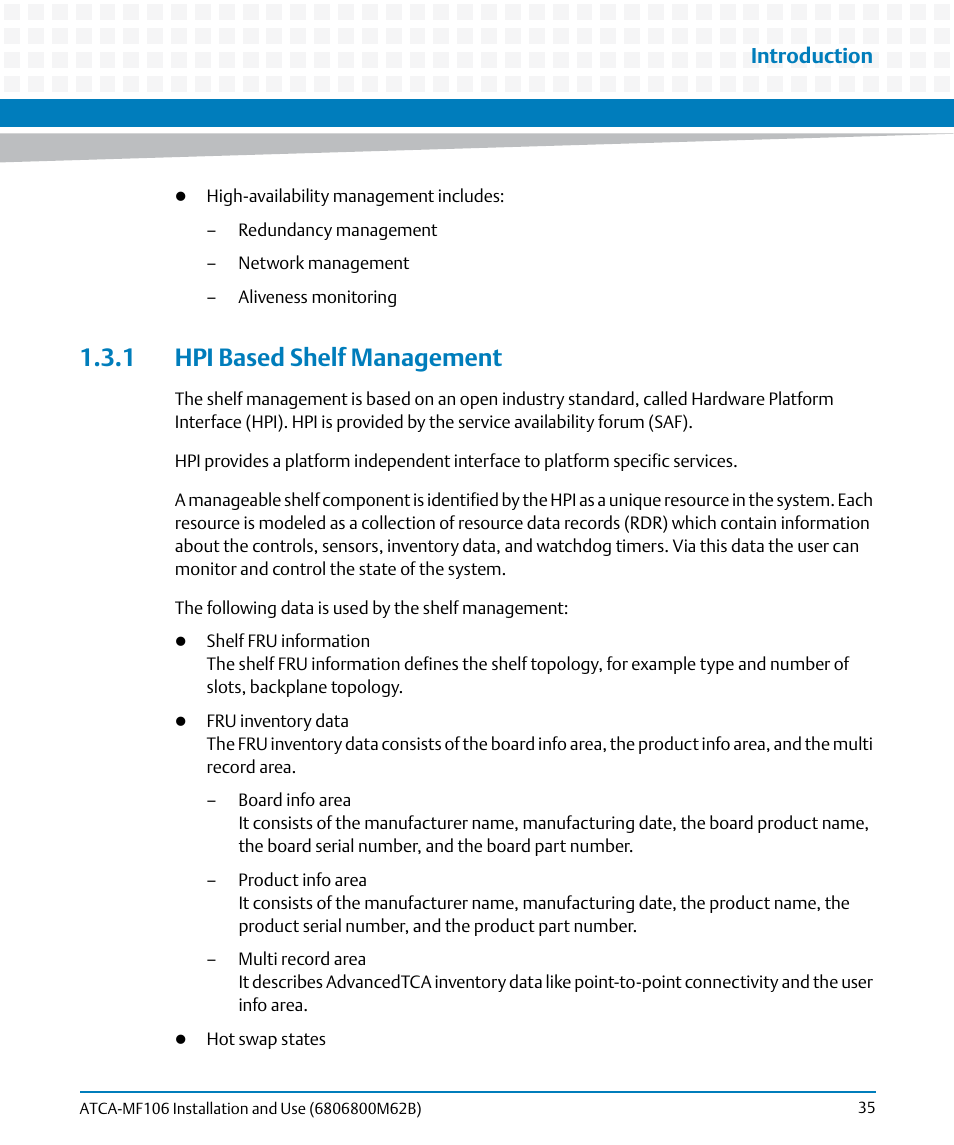 1 hpi based shelf management, Introduction | Artesyn ATCA-MF106 Installation and Use (September 2014) User Manual | Page 35 / 86